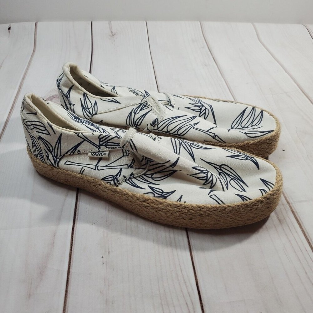 Vans Espadrille Shoes 8.5 Womens White Blue Leaf Print Fabric Slip On Sneakers